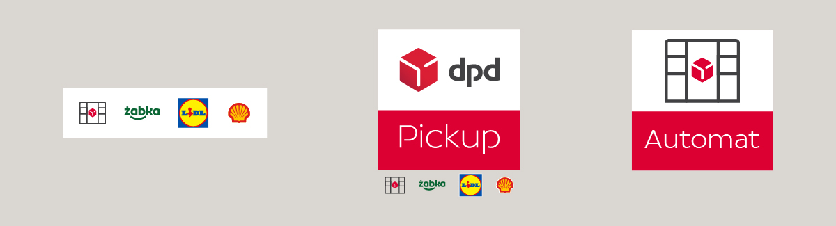 Belki z logiem DPD Pickup oraz logami sieci partnerskich: Żabka, Lidl, Shell + DPD Pickup Automat