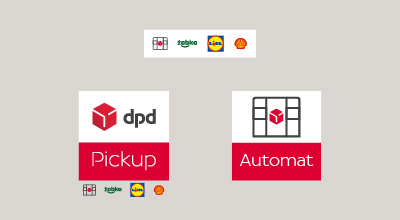 Belki z logiem DPD Pickup oraz logami sieci partnerskich: Żabka, Lidl, Shell + DPD Pickup Automat