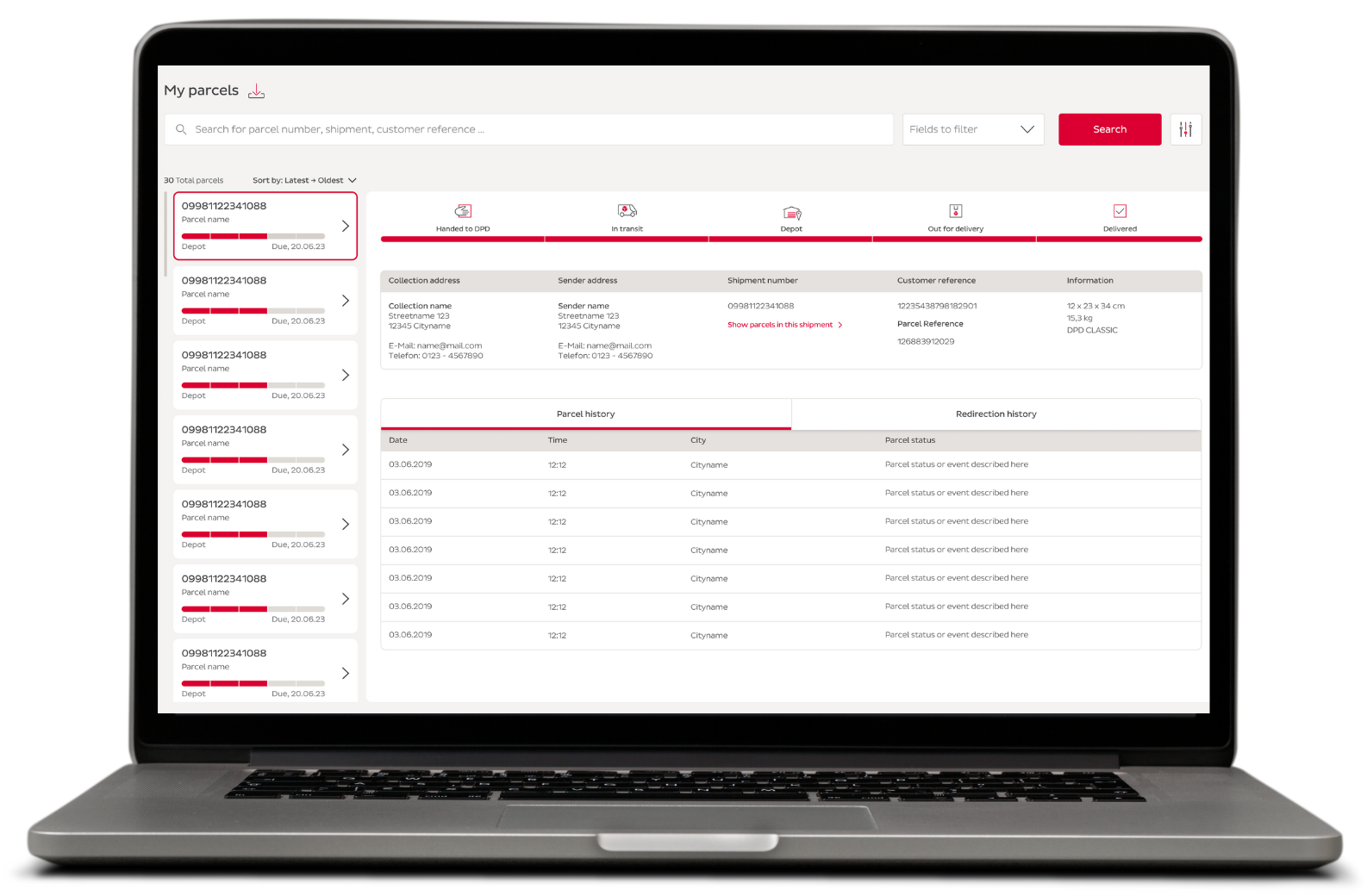 Laptop screen with myDPD for Business. Overview of my parcels