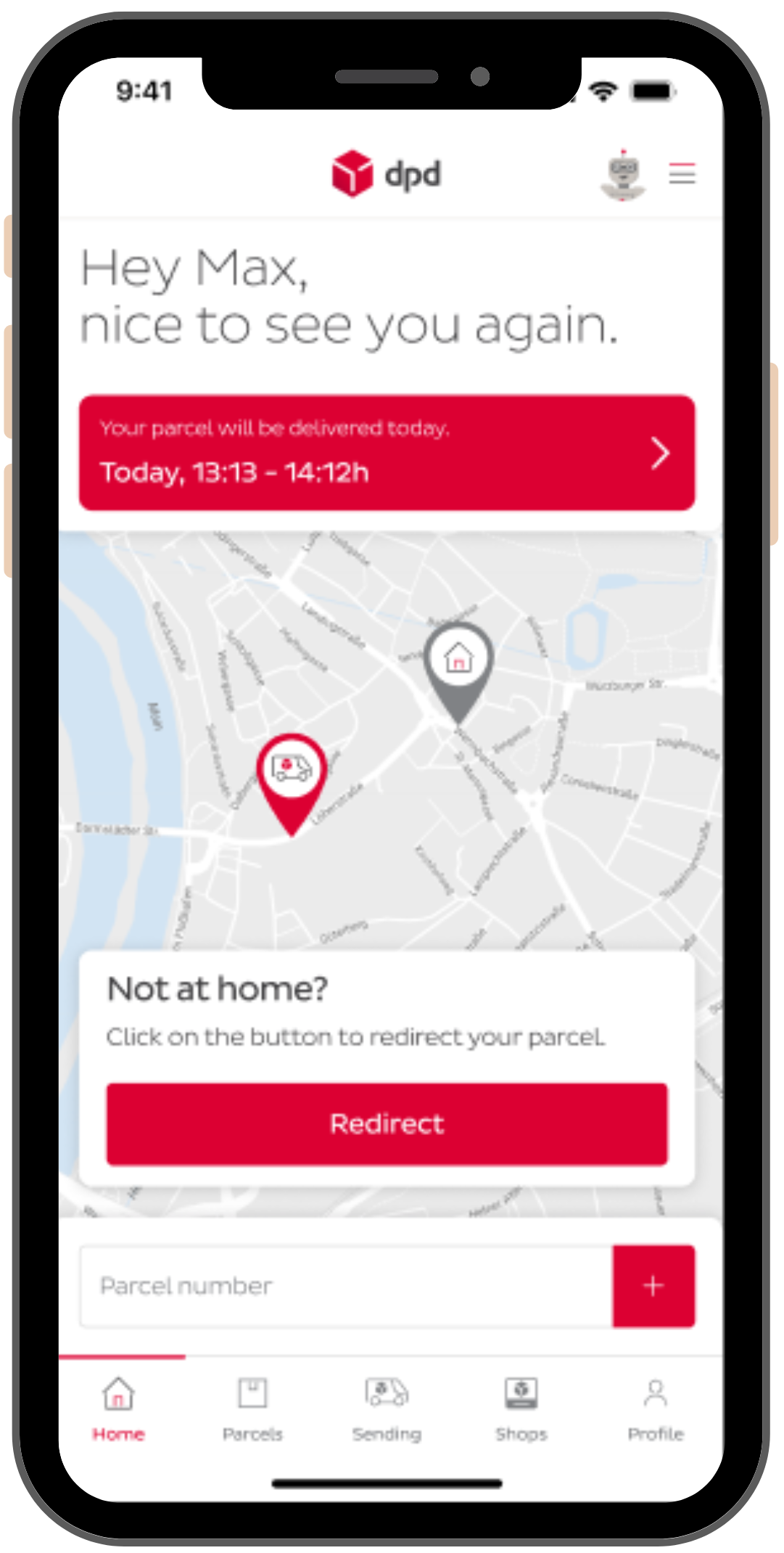 Smartphone with a myDPD screen containing a map and a parcel delivery notification
