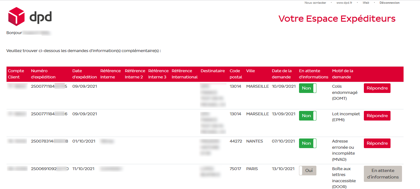 Espace Expéditeurs - Demandes d'informations