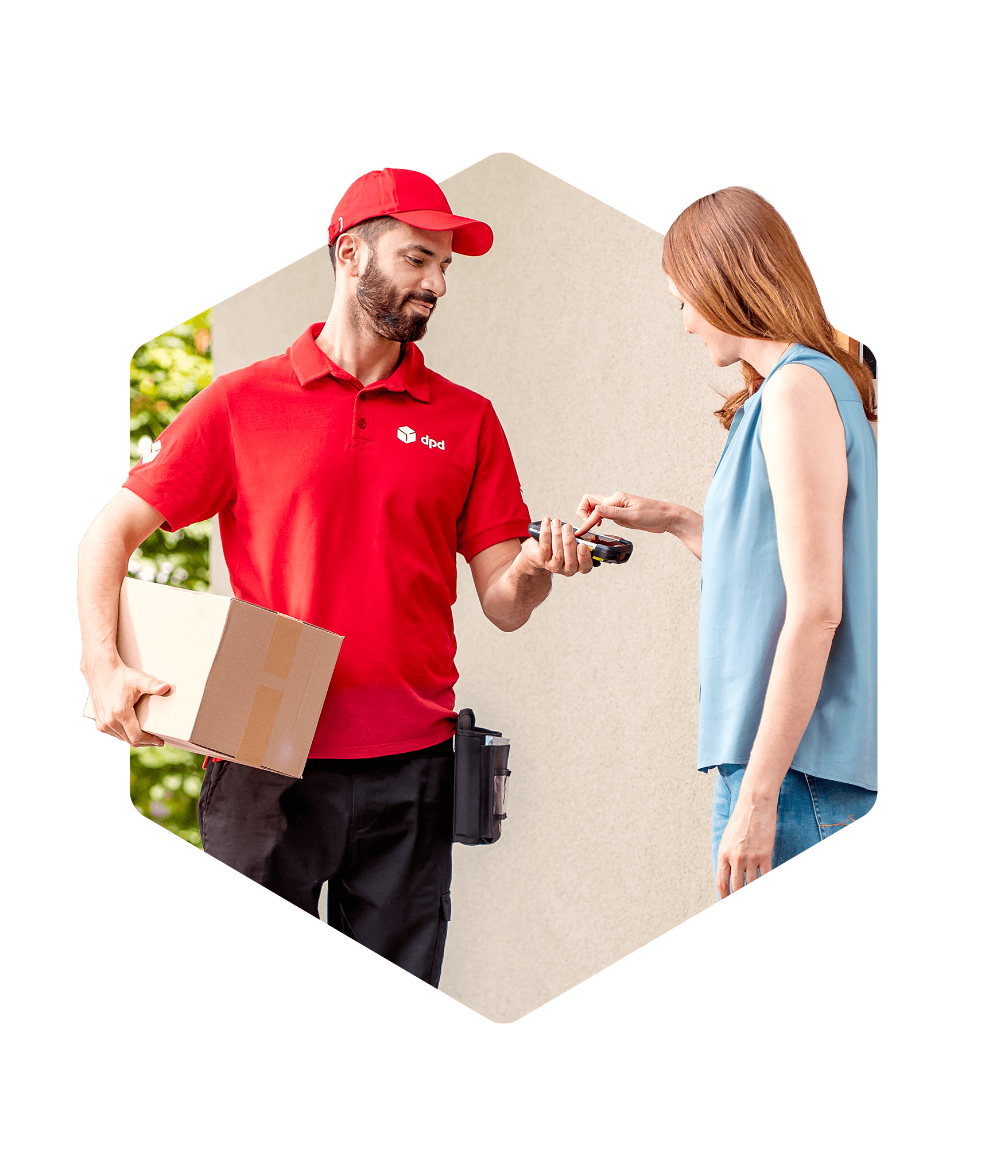 DPD Delivery expert getting a signature from a female customer