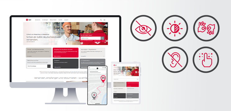 Devices with the DPD website shown, with icons symbolising accessibility opposite