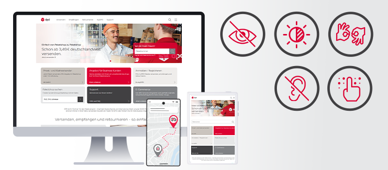 Devices with the DPD website shown, with icons symbolising accessibility opposite