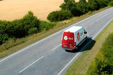 DPD-Zusteller liefert Pakete aus dem Lieferfahrzeug aus im Hintergrund ist eine schöne Landschaft.